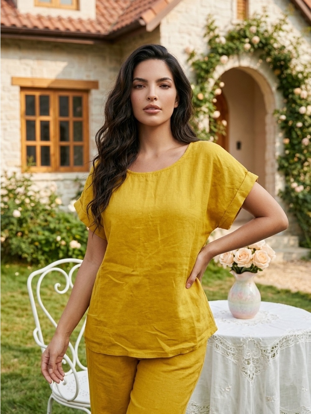 Terzo Millennio Linen Top Womens Small Yellow Crochet Back Italy Blouse Hilo